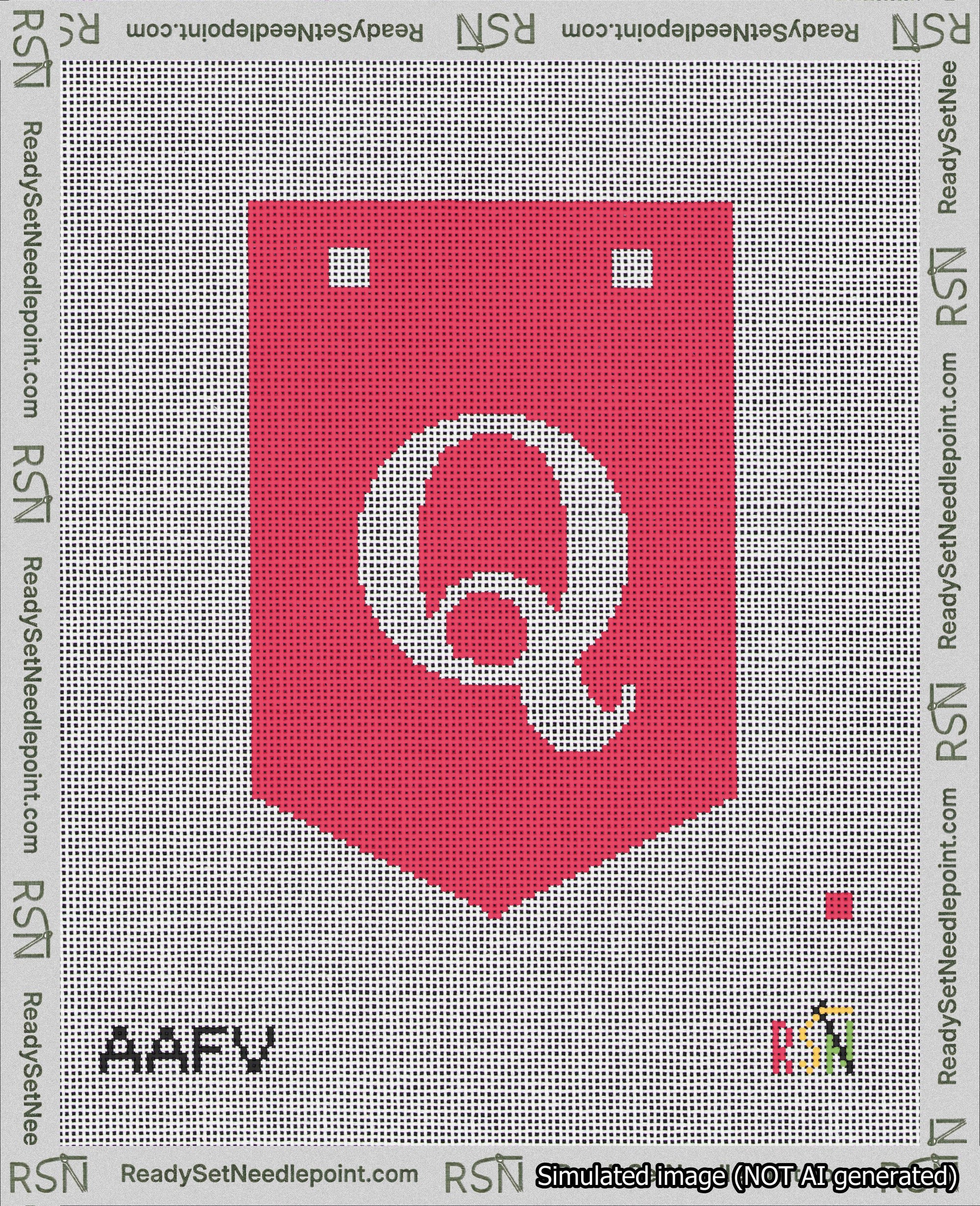 A taped needlepoint canvas with the design: Banner 18 mesh count Pointed Q White on Red.