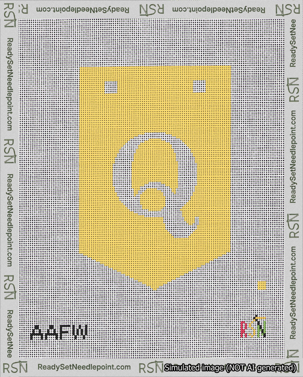 A taped needlepoint canvas with the design: Banner 18 mesh count Pointed Q White on Yellow.