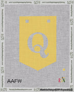 A taped needlepoint canvas with the design: Banner 18 mesh count Pointed Q White on Yellow.