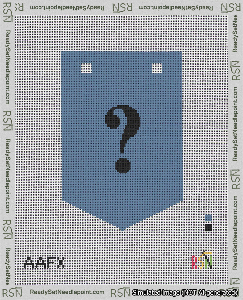 A taped needlepoint canvas with the design: Banner 18 mesh count Pointed Question Black on Blue.