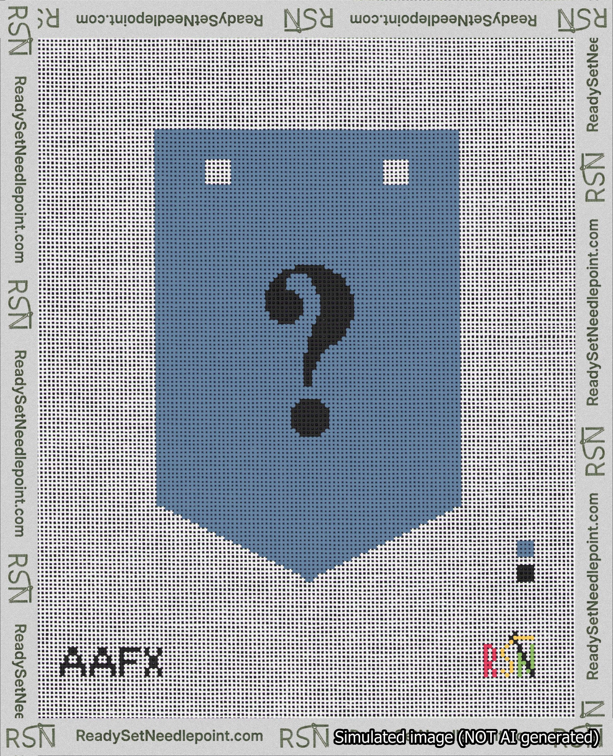 A taped needlepoint canvas with the design: Banner 18 mesh count Pointed Question Black on Blue.