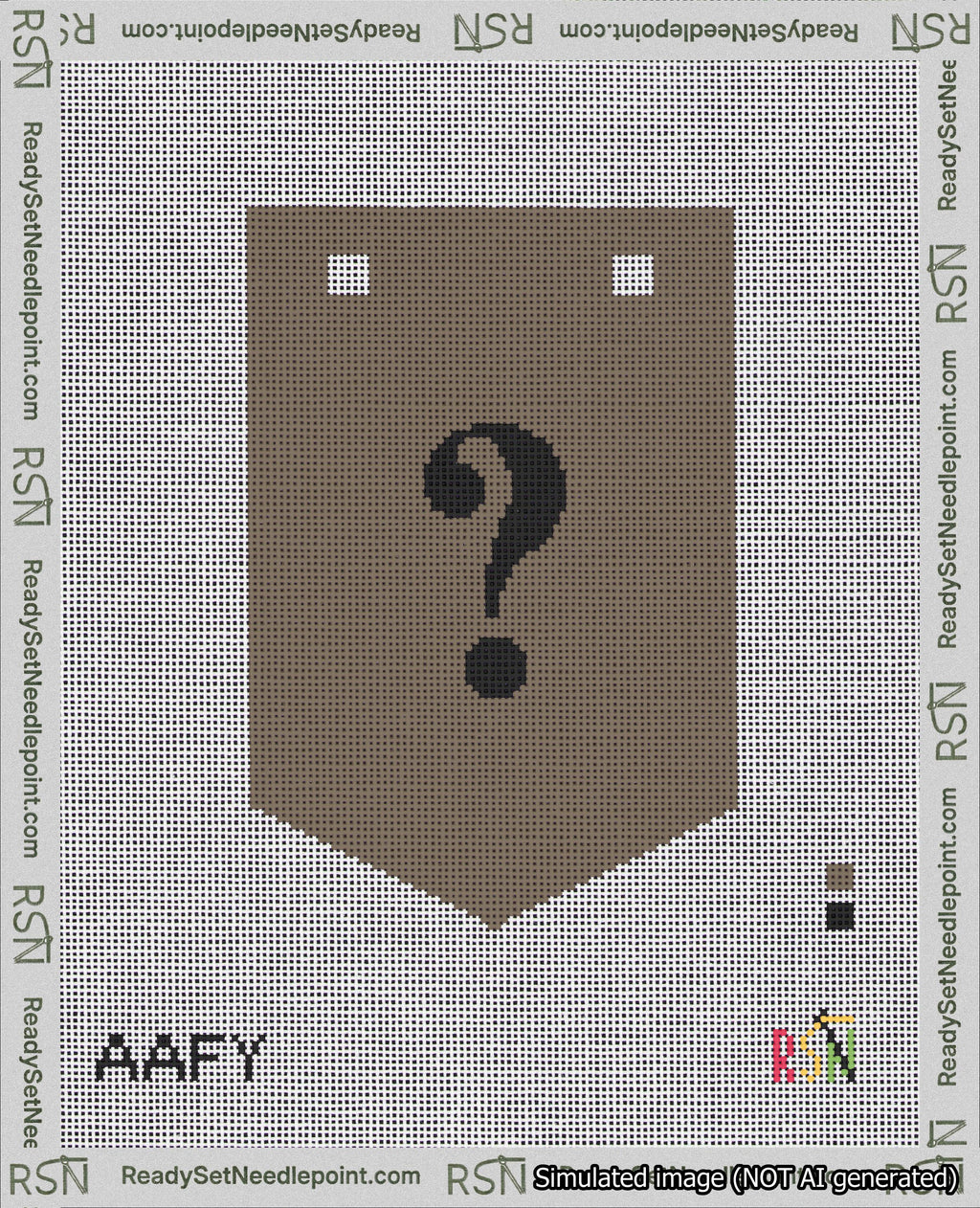 A taped needlepoint canvas with the design: Banner 18 mesh count Pointed Question Black on Brown.