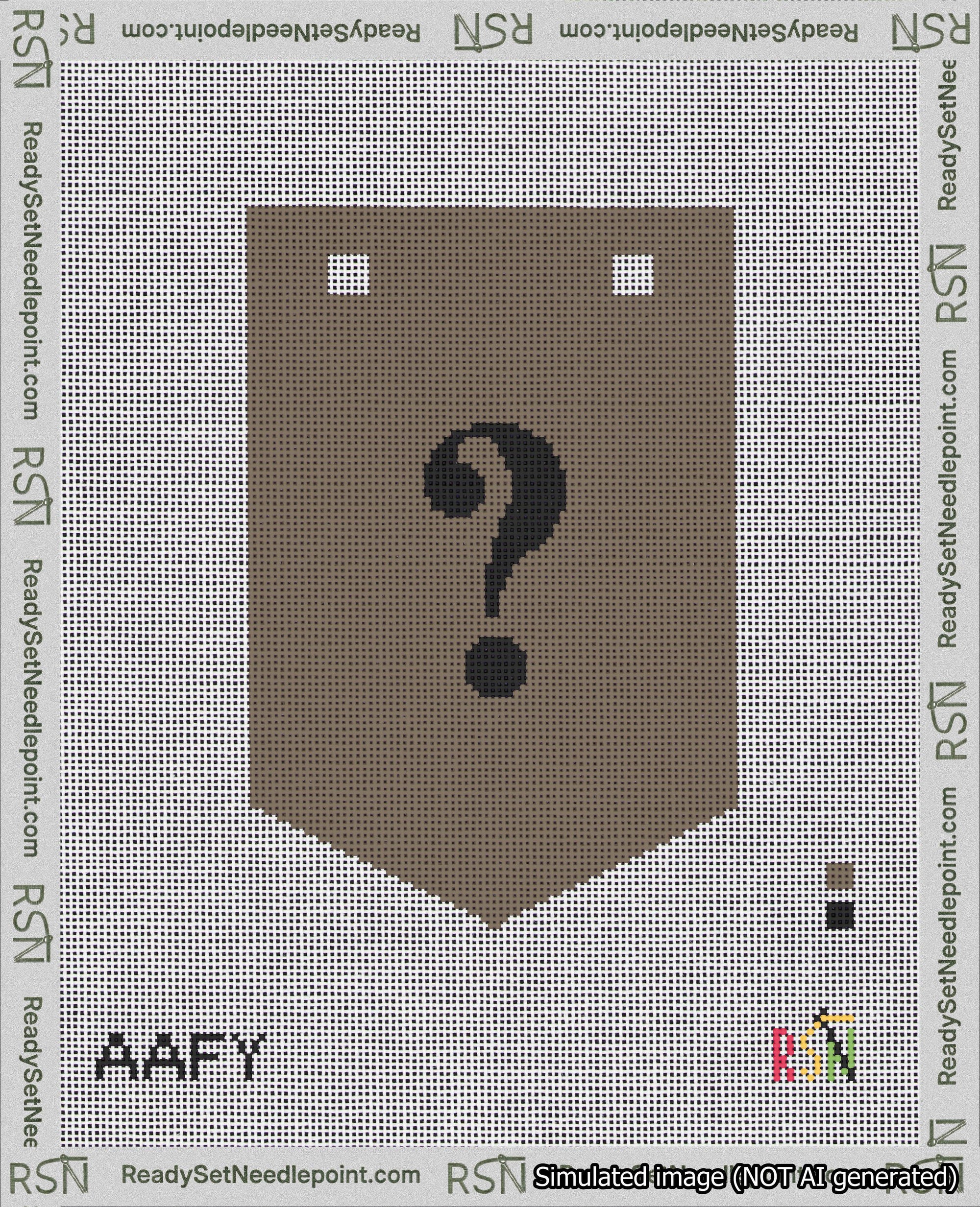 A taped needlepoint canvas with the design: Banner 18 mesh count Pointed Question Black on Brown.