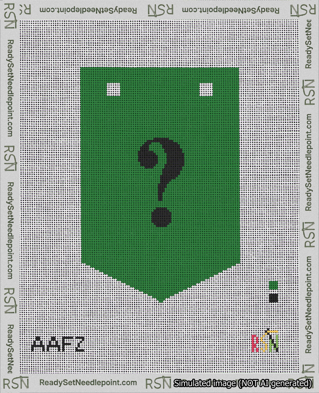 A taped needlepoint canvas with the design: Banner 18 mesh count Pointed Question Black on Green.