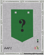 A taped needlepoint canvas with the design: Banner 18 mesh count Pointed Question Black on Green.