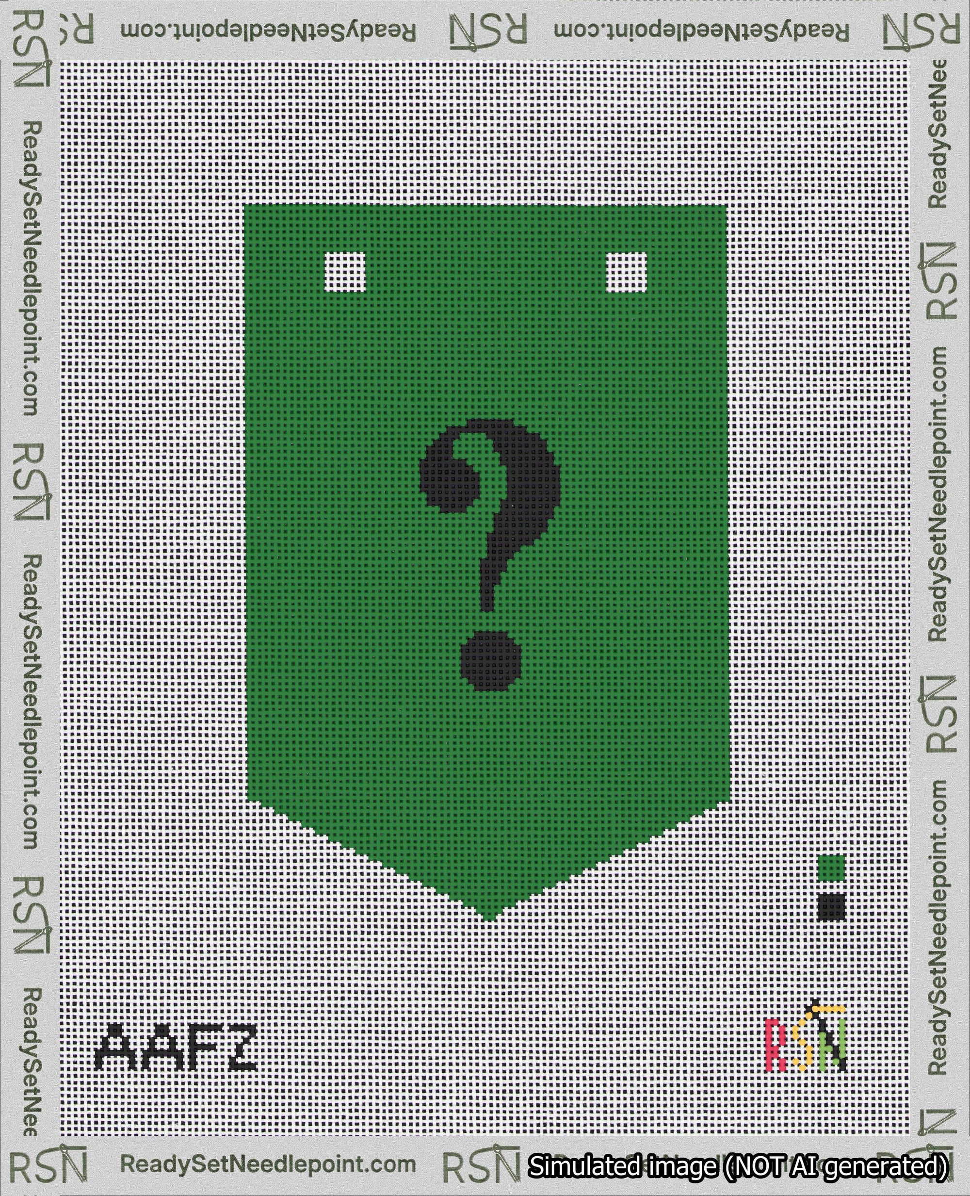A taped needlepoint canvas with the design: Banner 18 mesh count Pointed Question Black on Green.