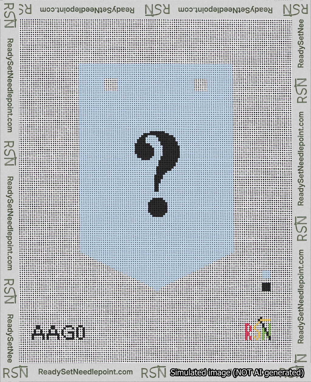 A taped needlepoint canvas with the design: Banner 18 mesh count Pointed Question Black on Light Blue.