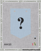 A taped needlepoint canvas with the design: Banner 18 mesh count Pointed Question Black on Light Blue.