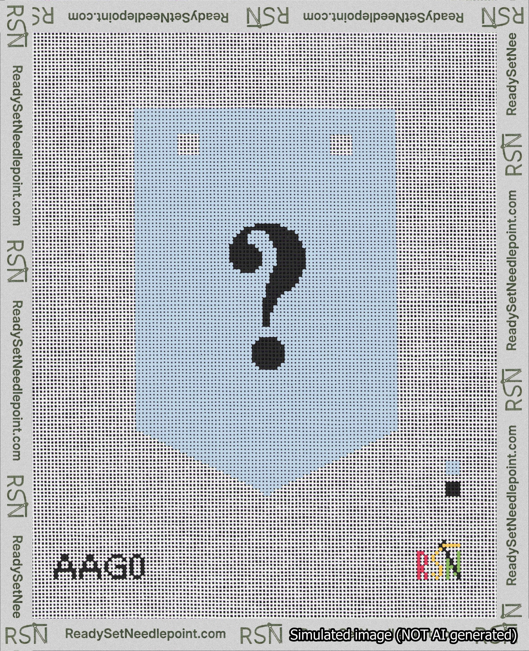 A taped needlepoint canvas with the design: Banner 18 mesh count Pointed Question Black on Light Blue.