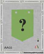 A taped needlepoint canvas with the design: Banner 18 mesh count Pointed Question Black on Light Green.