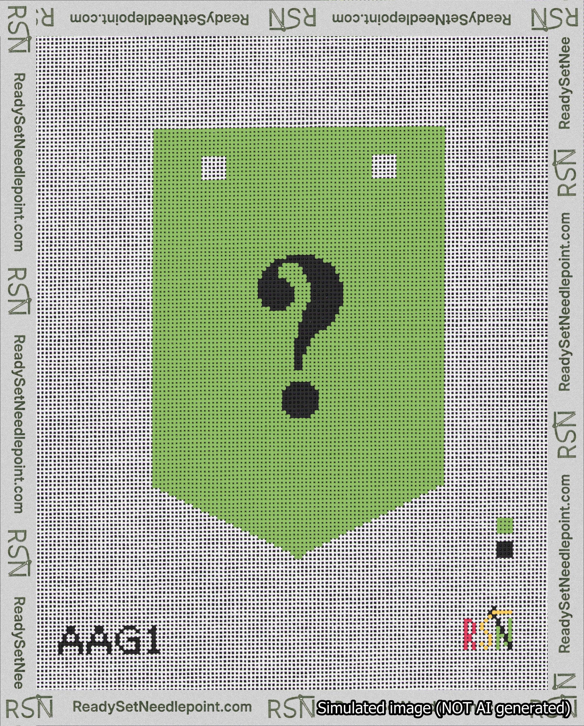 A taped needlepoint canvas with the design: Banner 18 mesh count Pointed Question Black on Light Green.