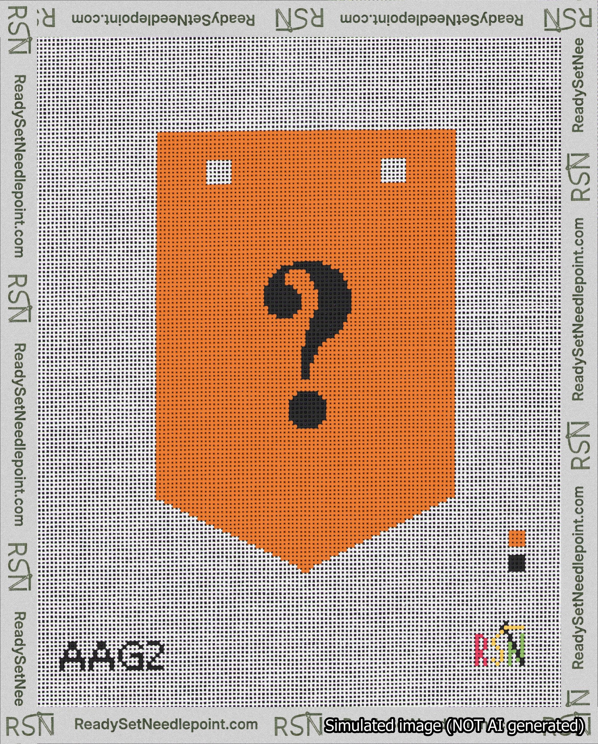 A taped needlepoint canvas with the design: Banner 18 mesh count Pointed Question Black on Orange.