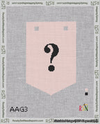 A taped needlepoint canvas with the design: Banner 18 mesh count Pointed Question Black on Pink.