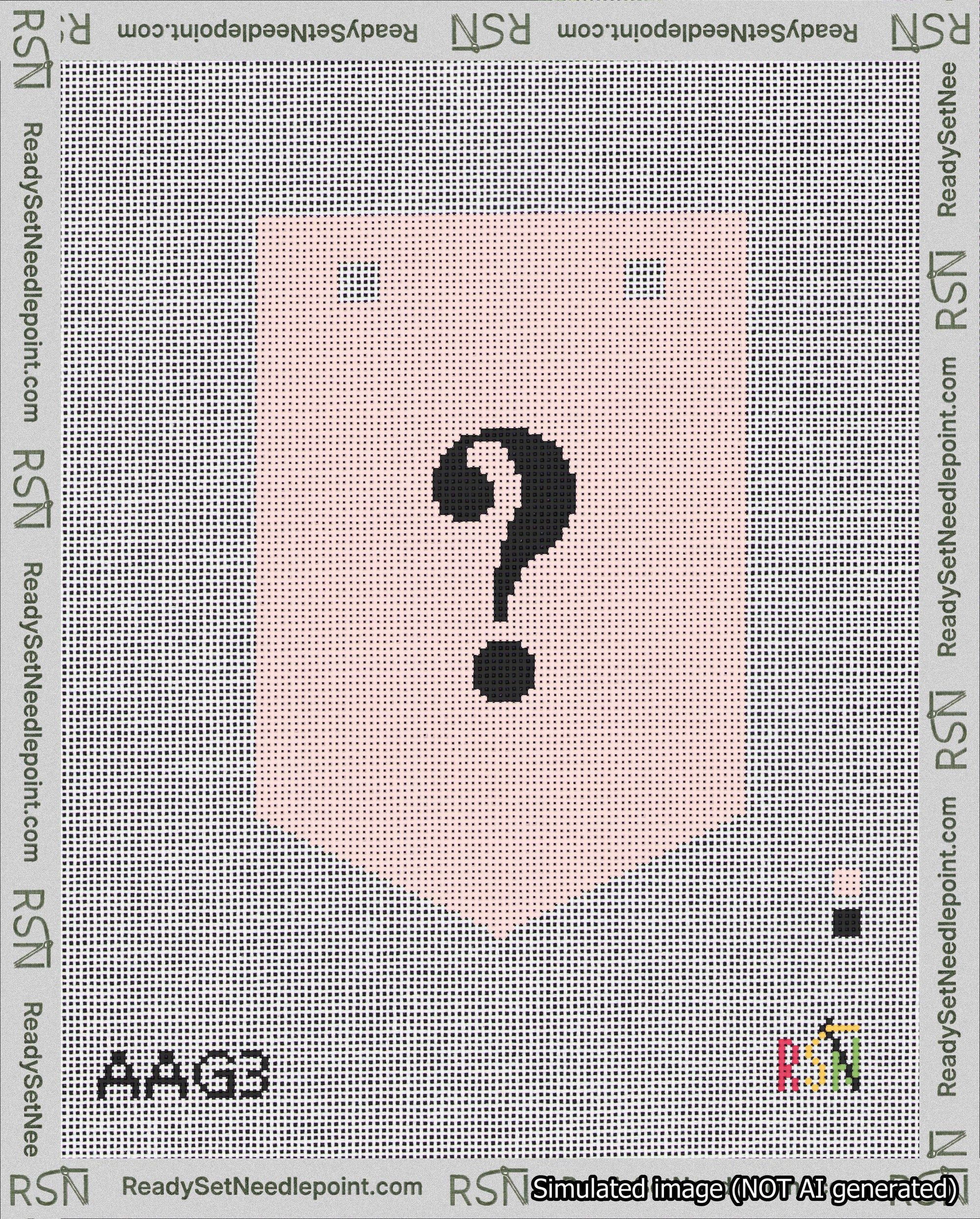 A taped needlepoint canvas with the design: Banner 18 mesh count Pointed Question Black on Pink.