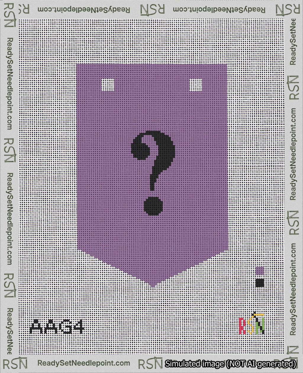 A taped needlepoint canvas with the design: Banner 18 mesh count Pointed Question Black on Purple.