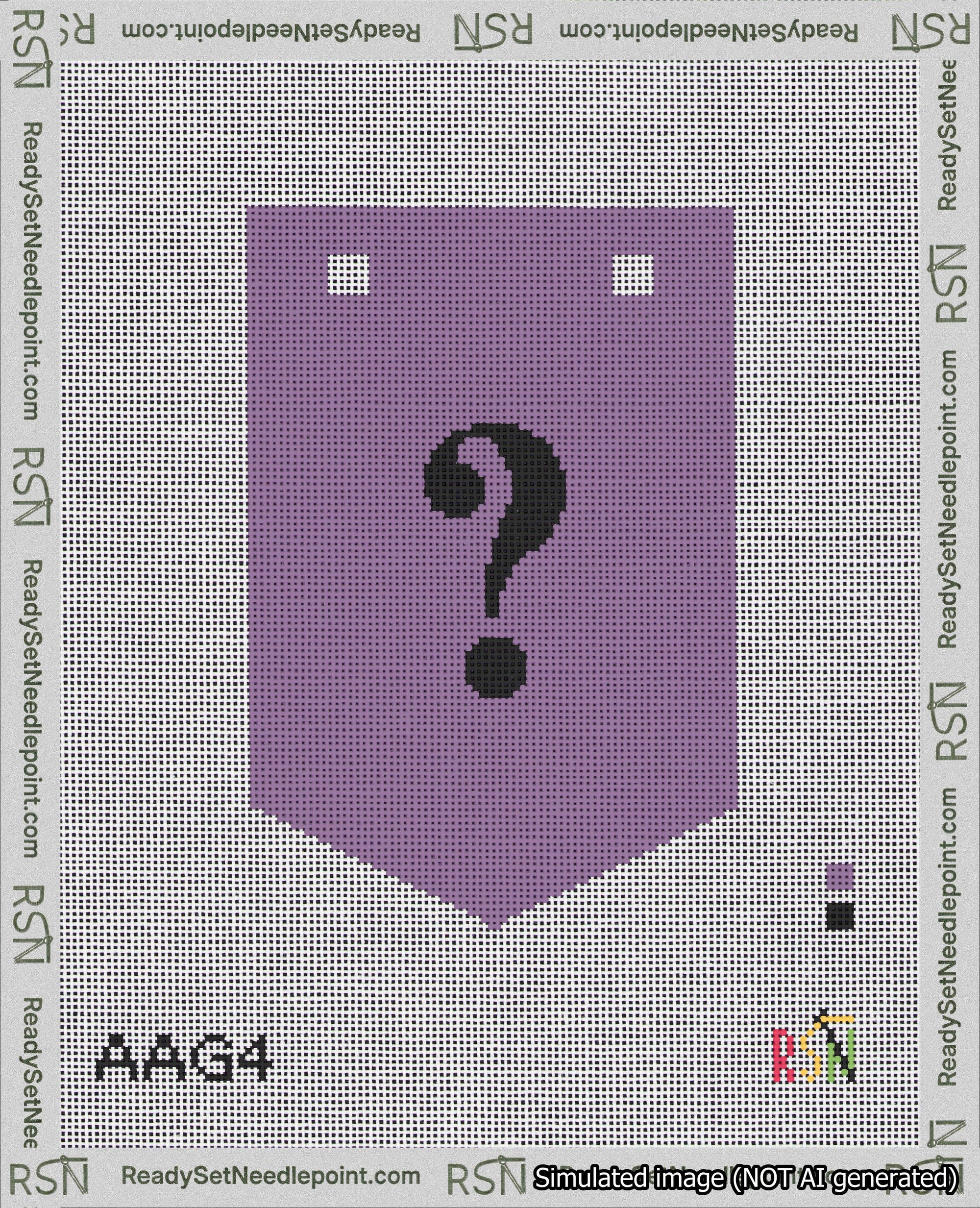 A taped needlepoint canvas with the design: Banner 18 mesh count Pointed Question Black on Purple.