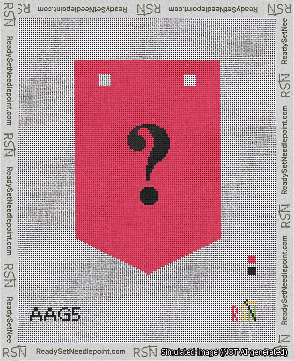A taped needlepoint canvas with the design: Banner 18 mesh count Pointed Question Black on Red.