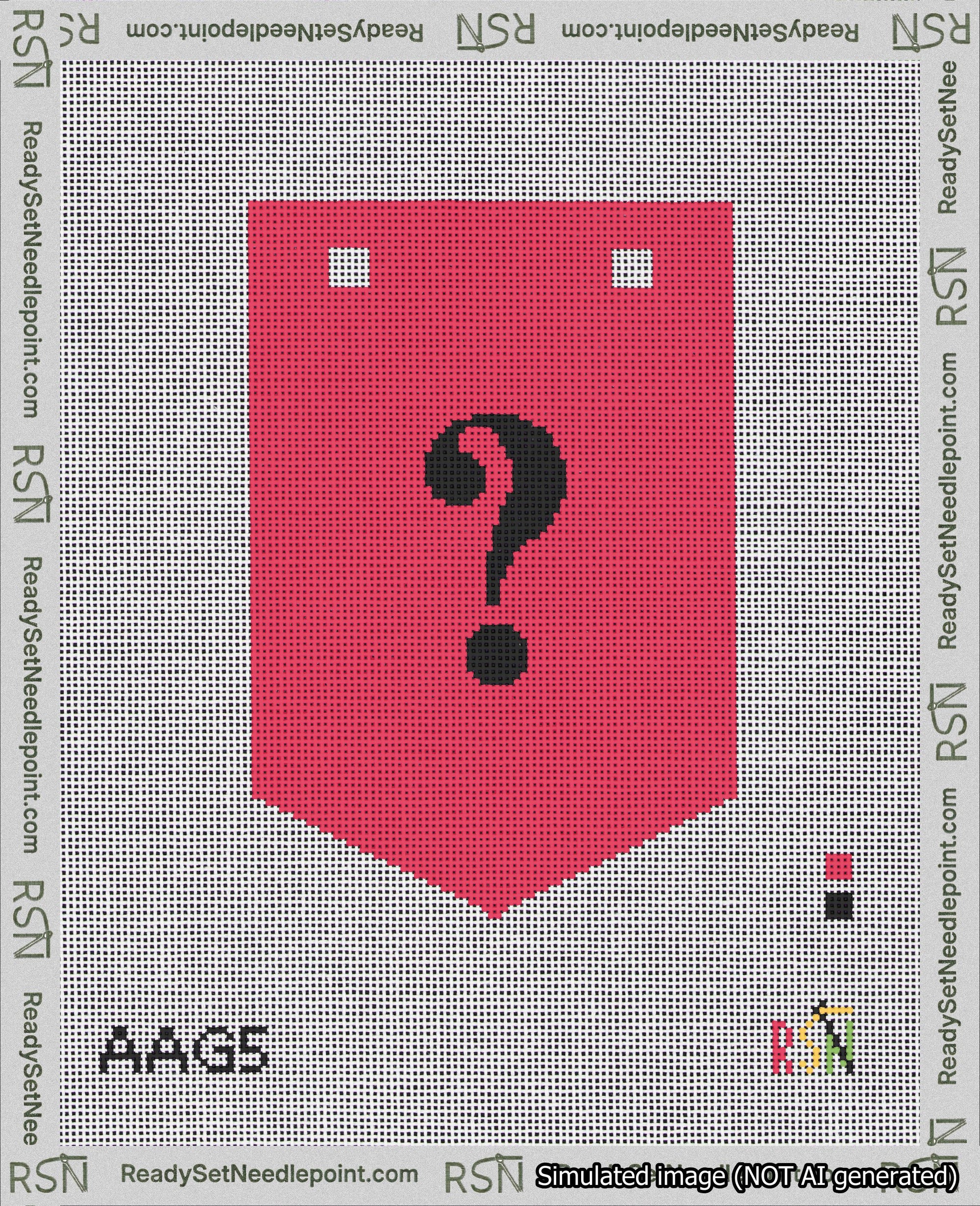 A taped needlepoint canvas with the design: Banner 18 mesh count Pointed Question Black on Red.