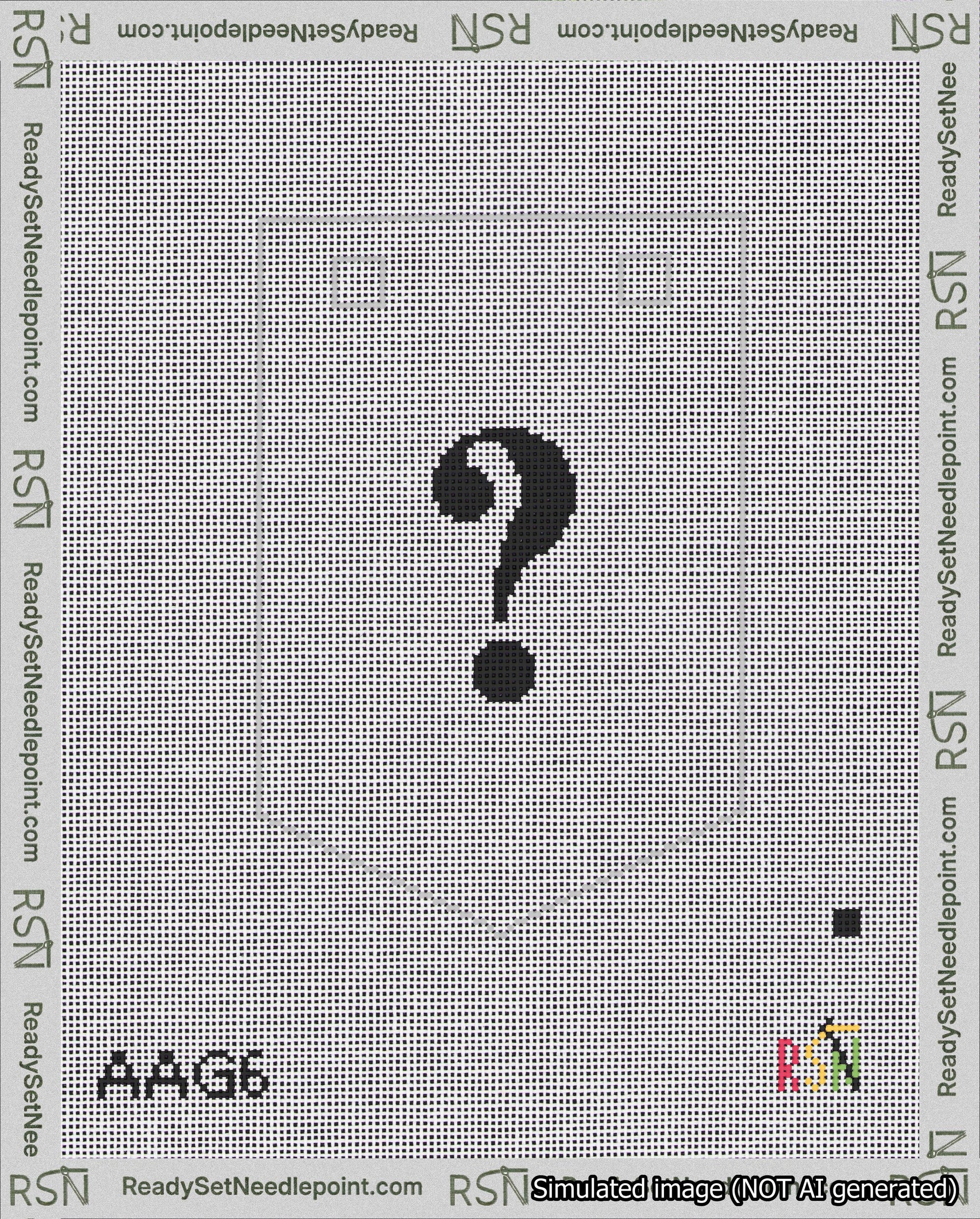 A taped needlepoint canvas with the design: Banner 18 mesh count Pointed Question Black on White.