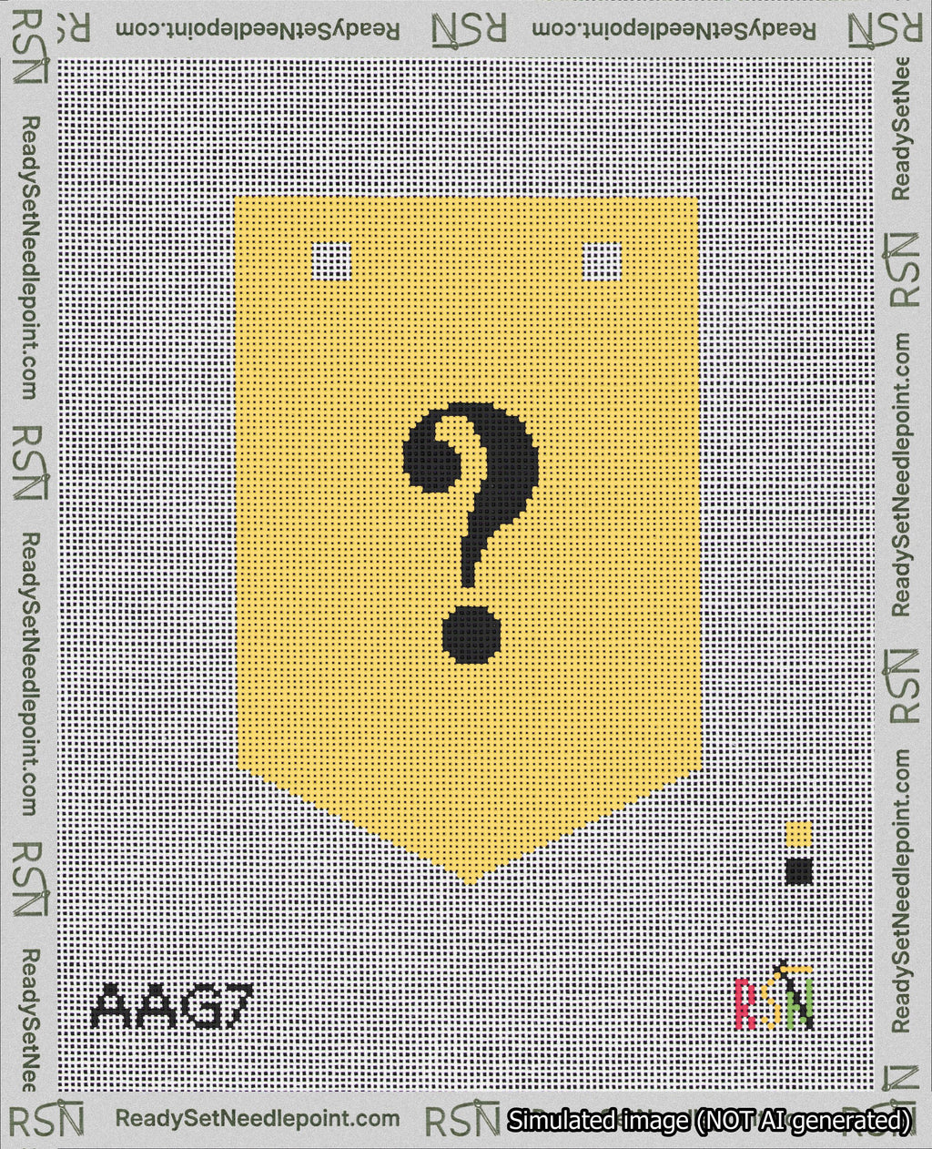 A taped needlepoint canvas with the design: Banner 18 mesh count Pointed Question Black on Yellow.
