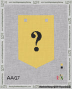A taped needlepoint canvas with the design: Banner 18 mesh count Pointed Question Black on Yellow.