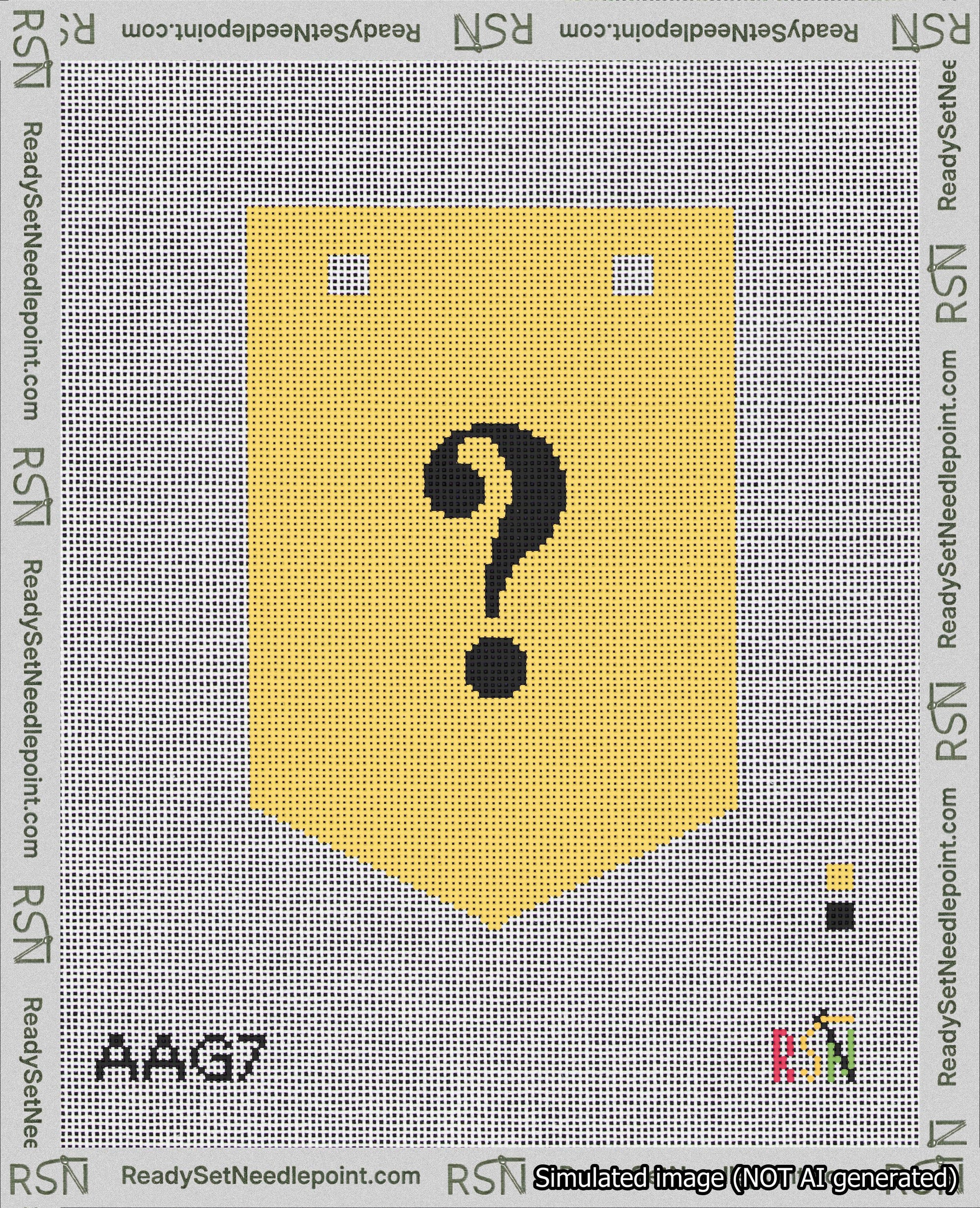 A taped needlepoint canvas with the design: Banner 18 mesh count Pointed Question Black on Yellow.