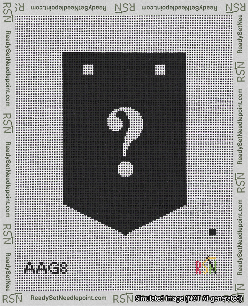A taped needlepoint canvas with the design: Banner 18 mesh count Pointed Question White on Black.