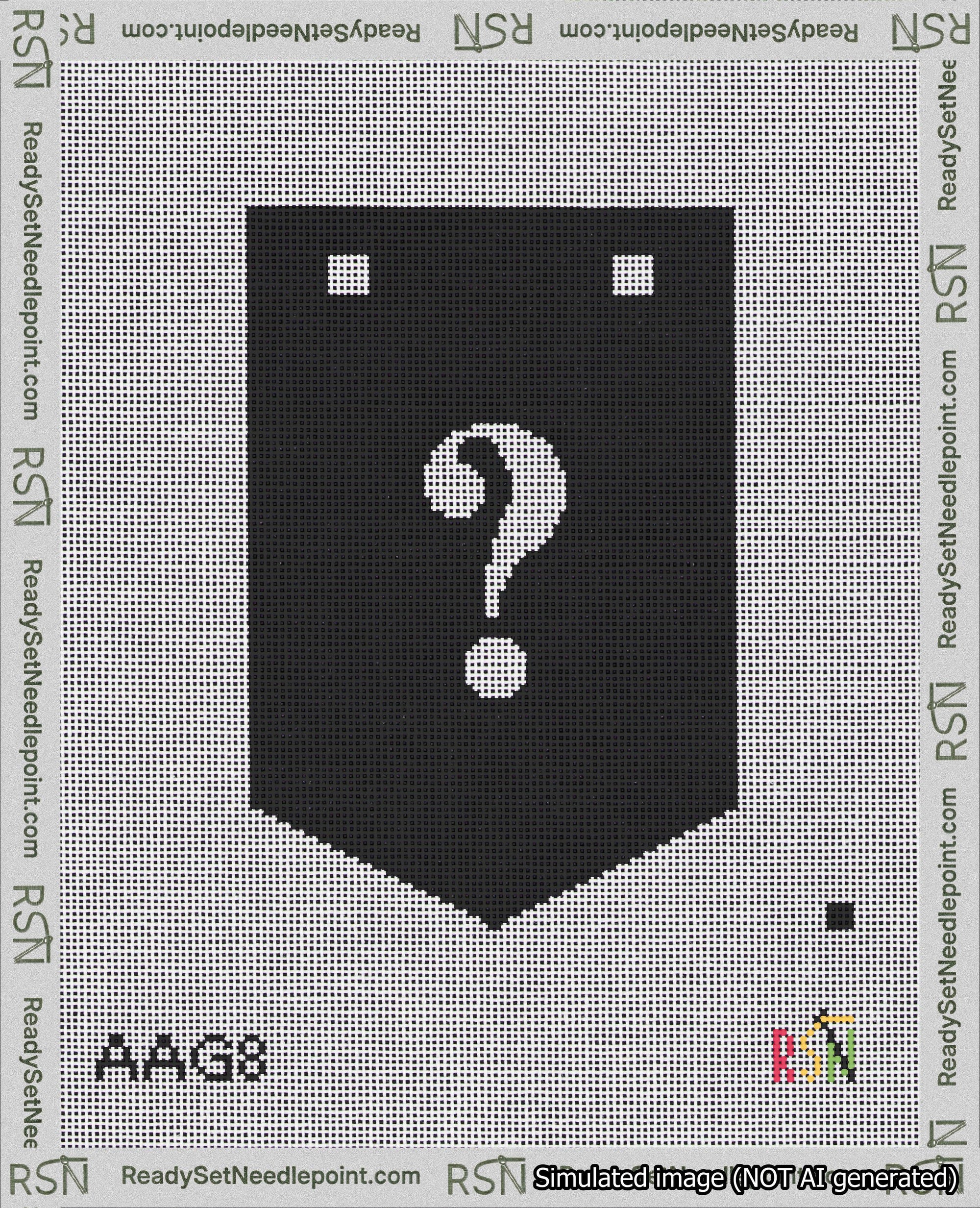 A taped needlepoint canvas with the design: Banner 18 mesh count Pointed Question White on Black.