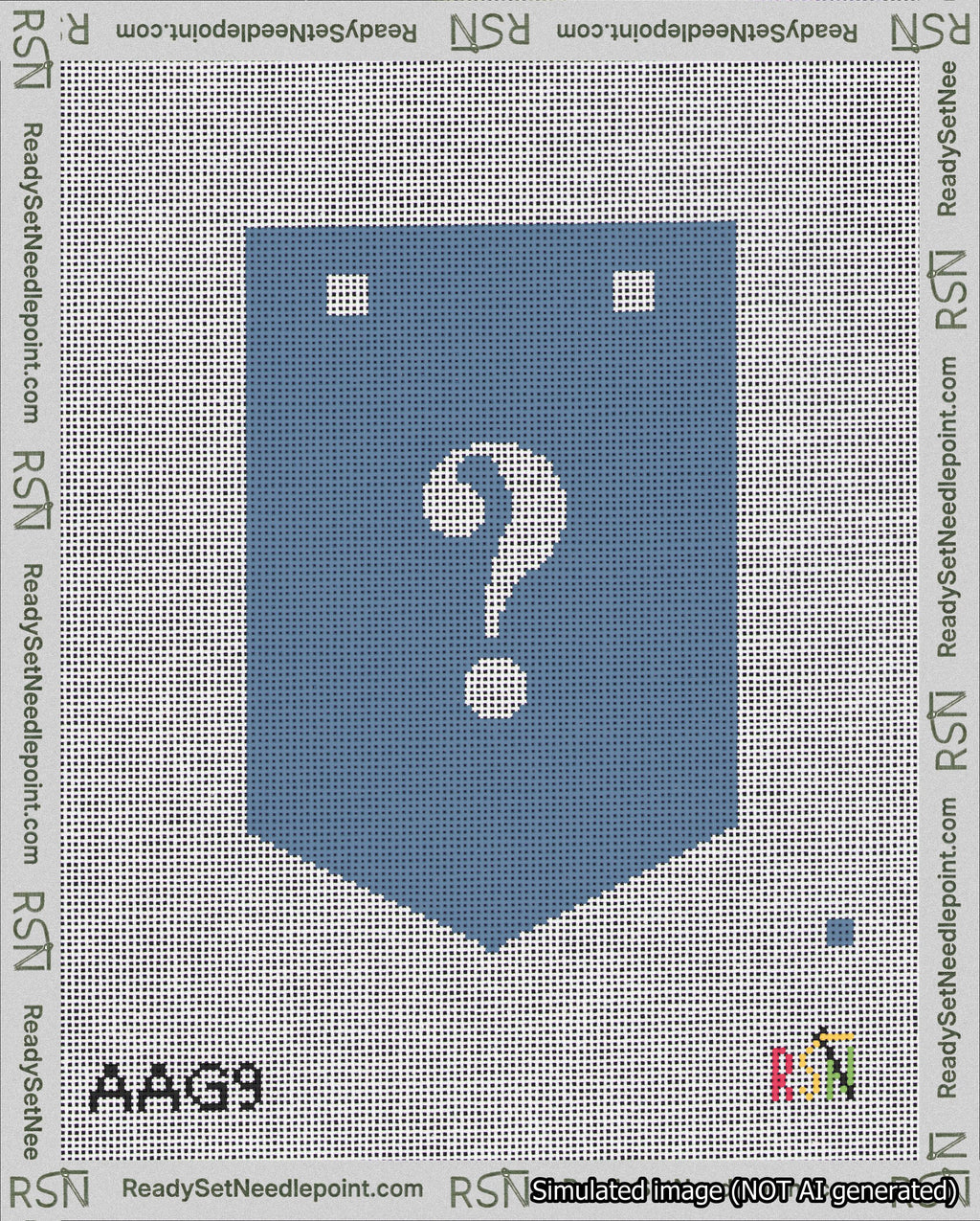 A taped needlepoint canvas with the design: Banner 18 mesh count Pointed Question White on Blue.