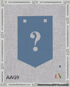 A taped needlepoint canvas with the design: Banner 18 mesh count Pointed Question White on Blue.