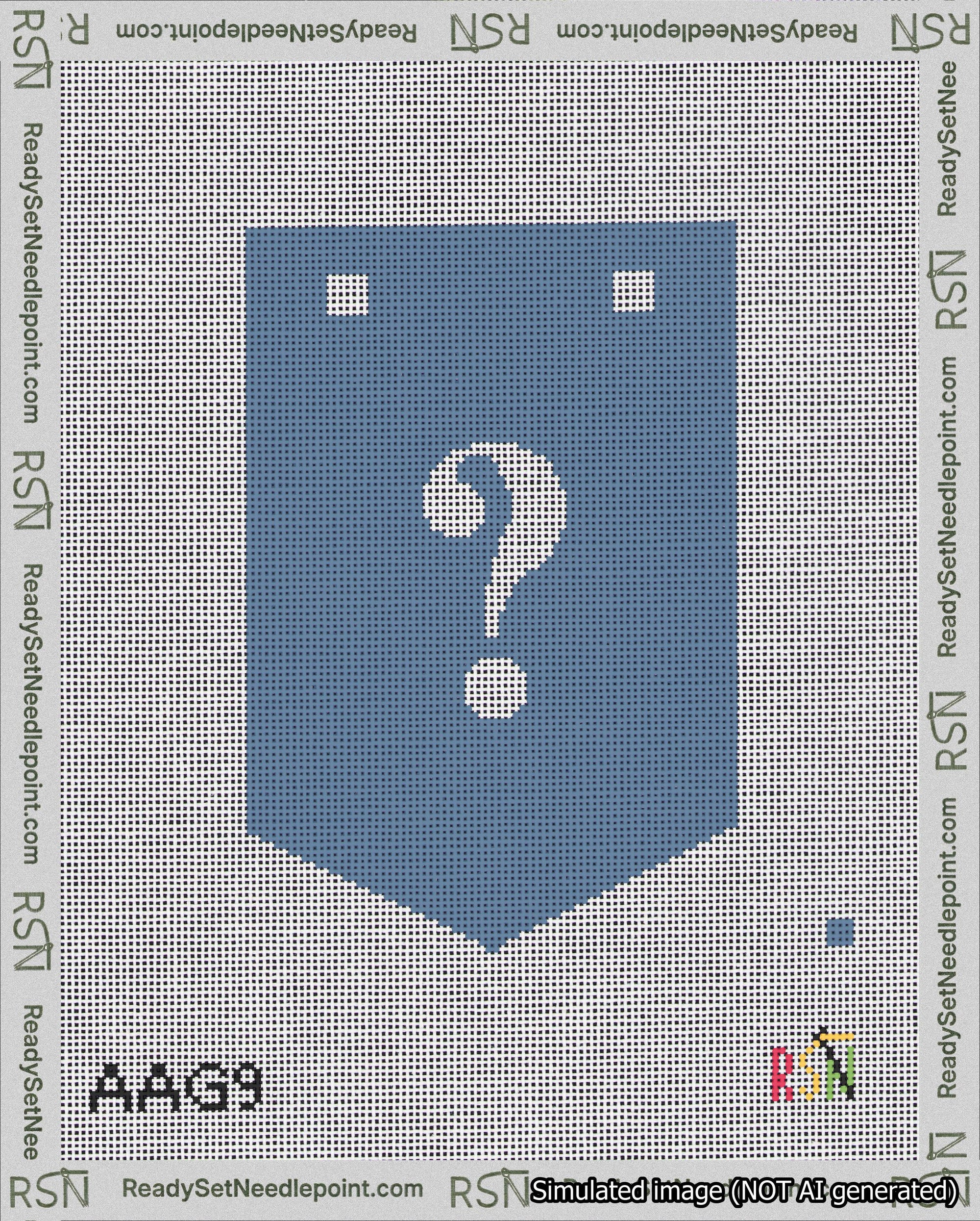 A taped needlepoint canvas with the design: Banner 18 mesh count Pointed Question White on Blue.