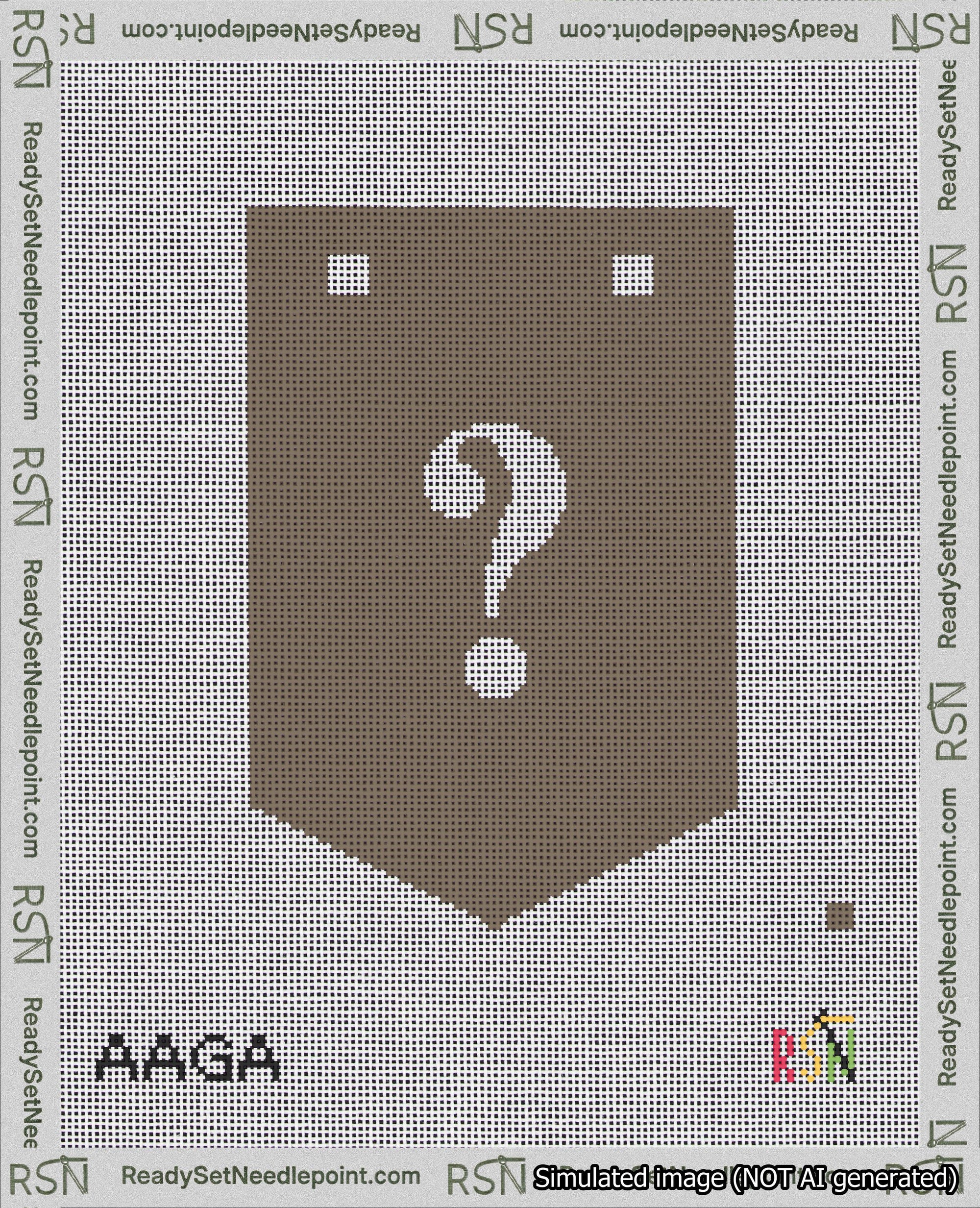A taped needlepoint canvas with the design: Banner 18 mesh count Pointed Question White on Brown.