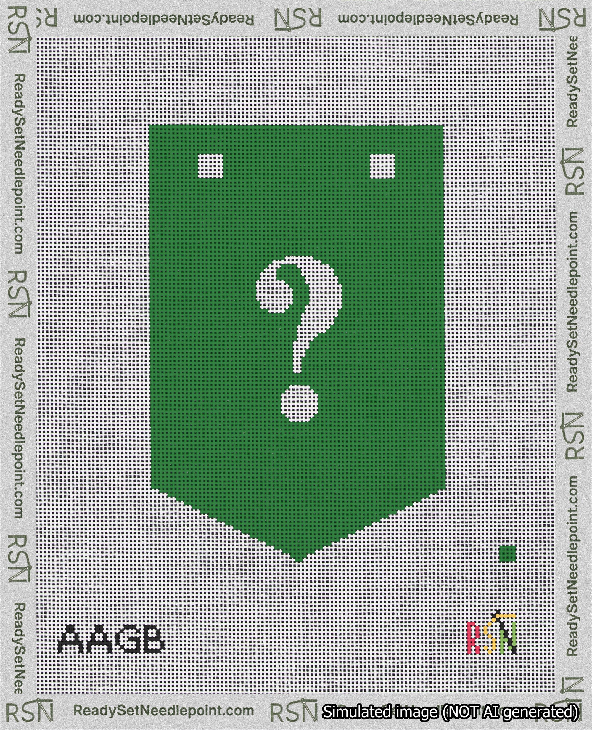A taped needlepoint canvas with the design: Banner 18 mesh count Pointed Question White on Green.