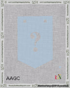 A taped needlepoint canvas with the design: Banner 18 mesh count Pointed Question White on Light Blue.