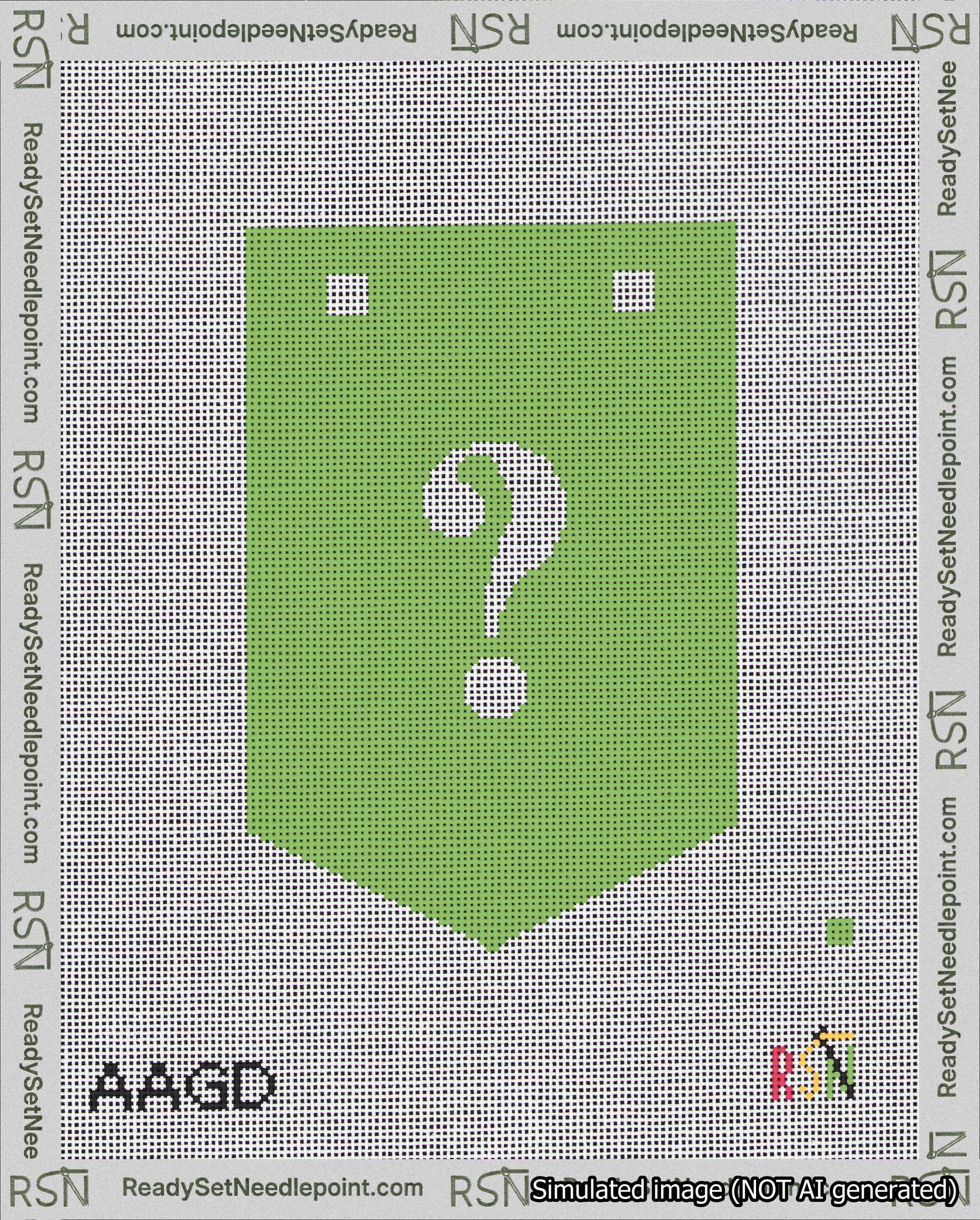 A taped needlepoint canvas with the design: Banner 18 mesh count Pointed Question White on Light Green.