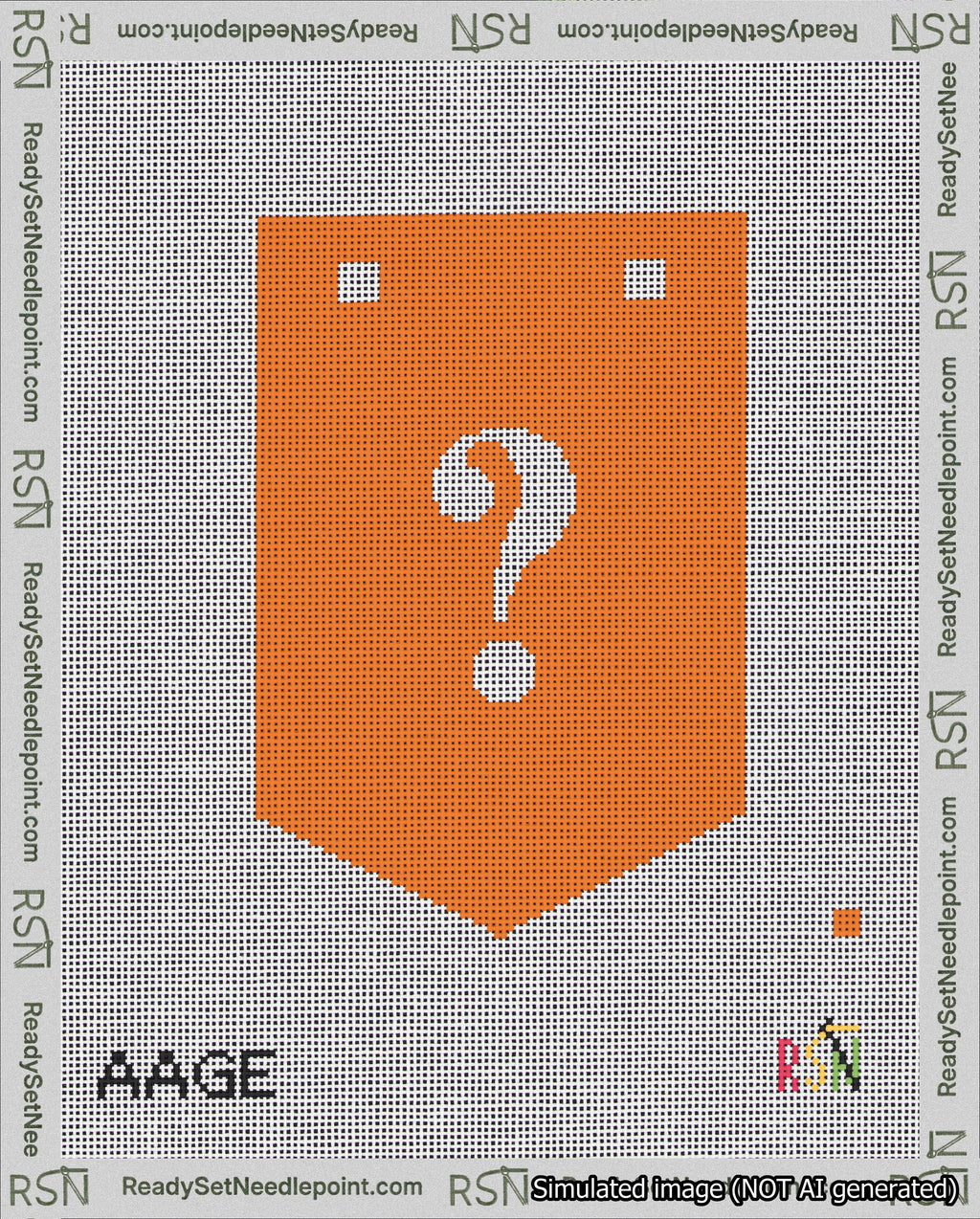 A taped needlepoint canvas with the design: Banner 18 mesh count Pointed Question White on Orange.
