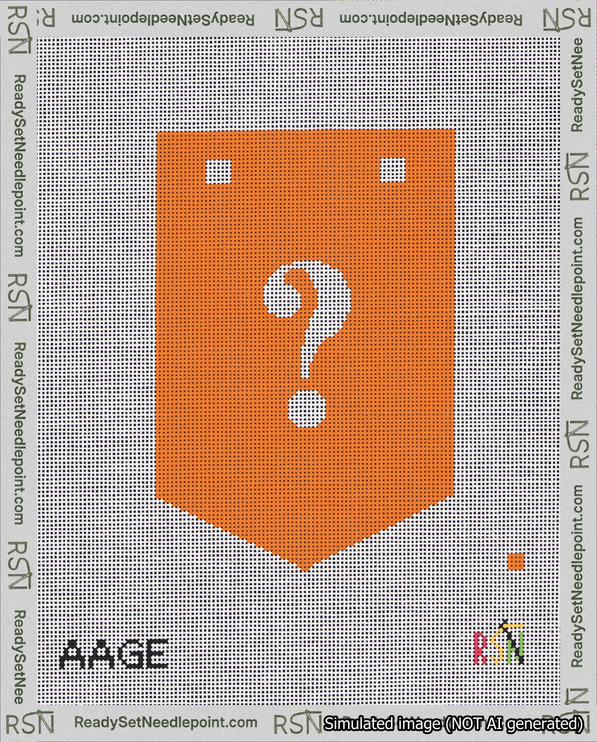 A taped needlepoint canvas with the design: Banner 18 mesh count Pointed Question White on Orange.