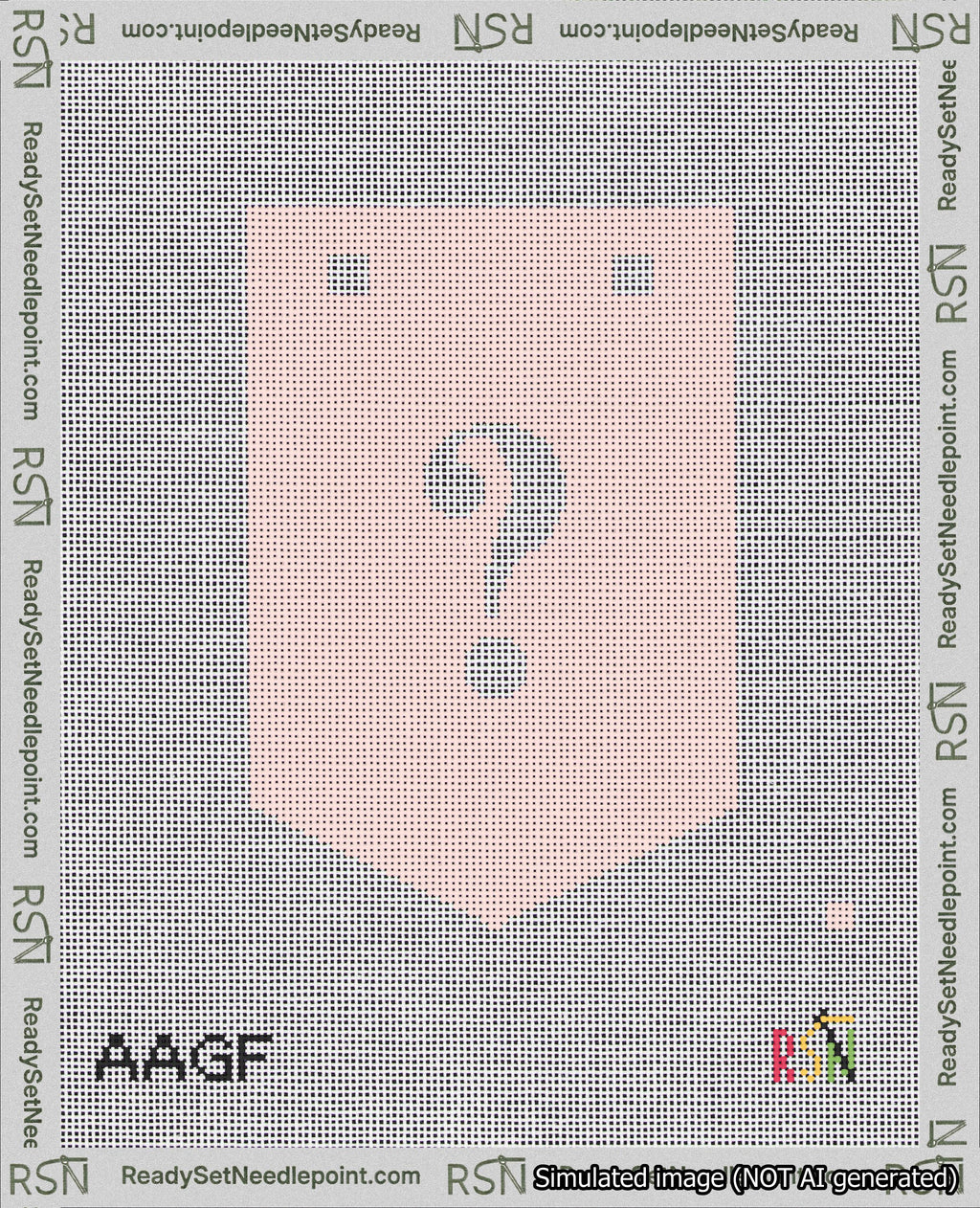 A taped needlepoint canvas with the design: Banner 18 mesh count Pointed Question White on Pink.