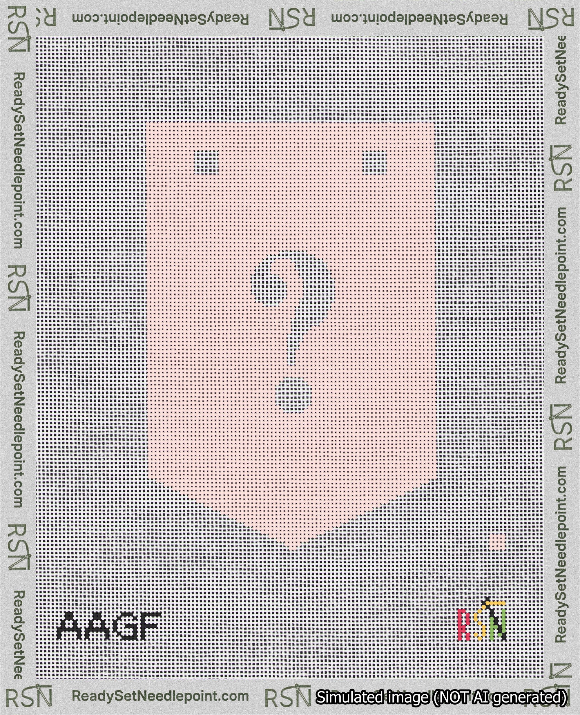 A taped needlepoint canvas with the design: Banner 18 mesh count Pointed Question White on Pink.