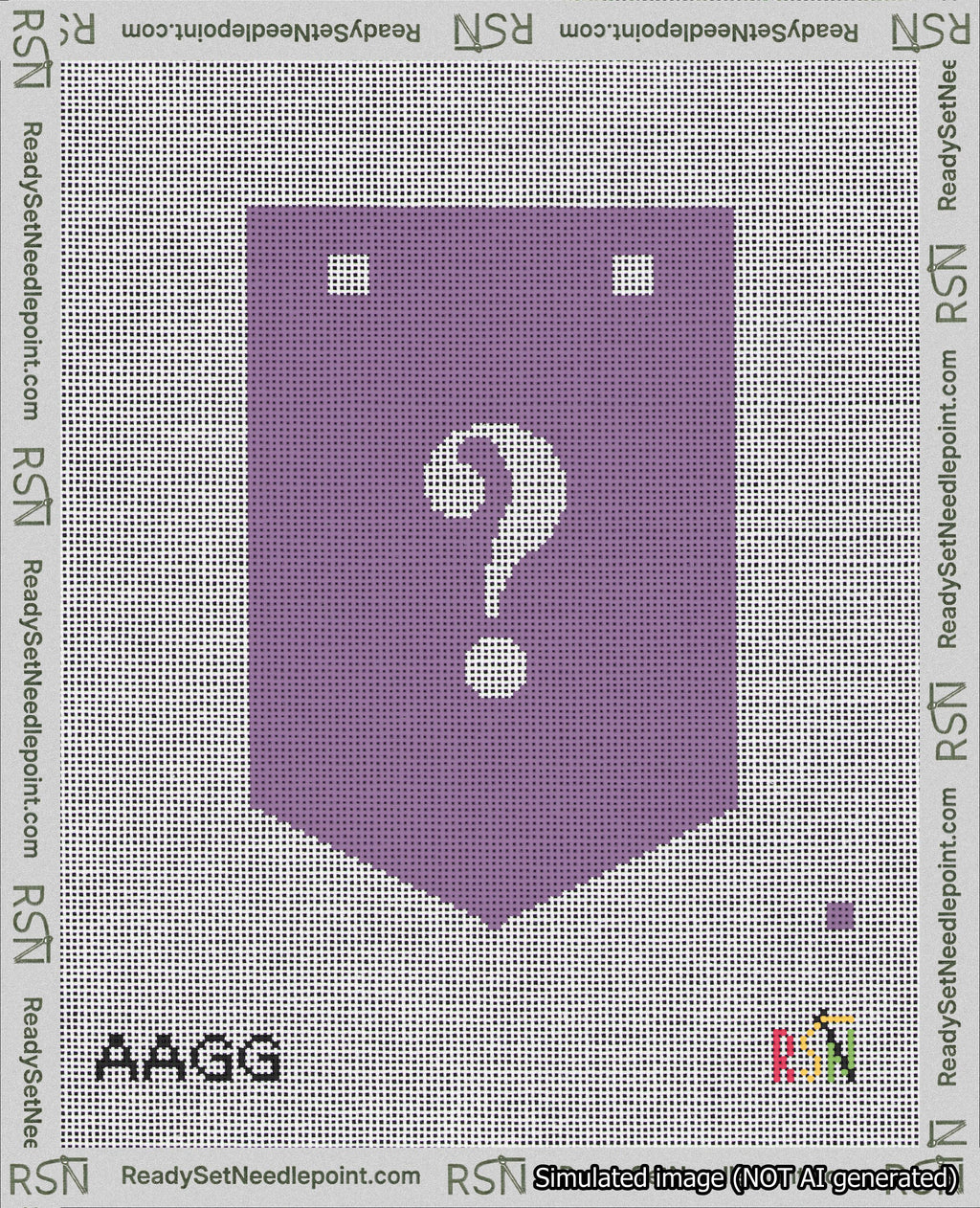 A taped needlepoint canvas with the design: Banner 18 mesh count Pointed Question White on Purple.