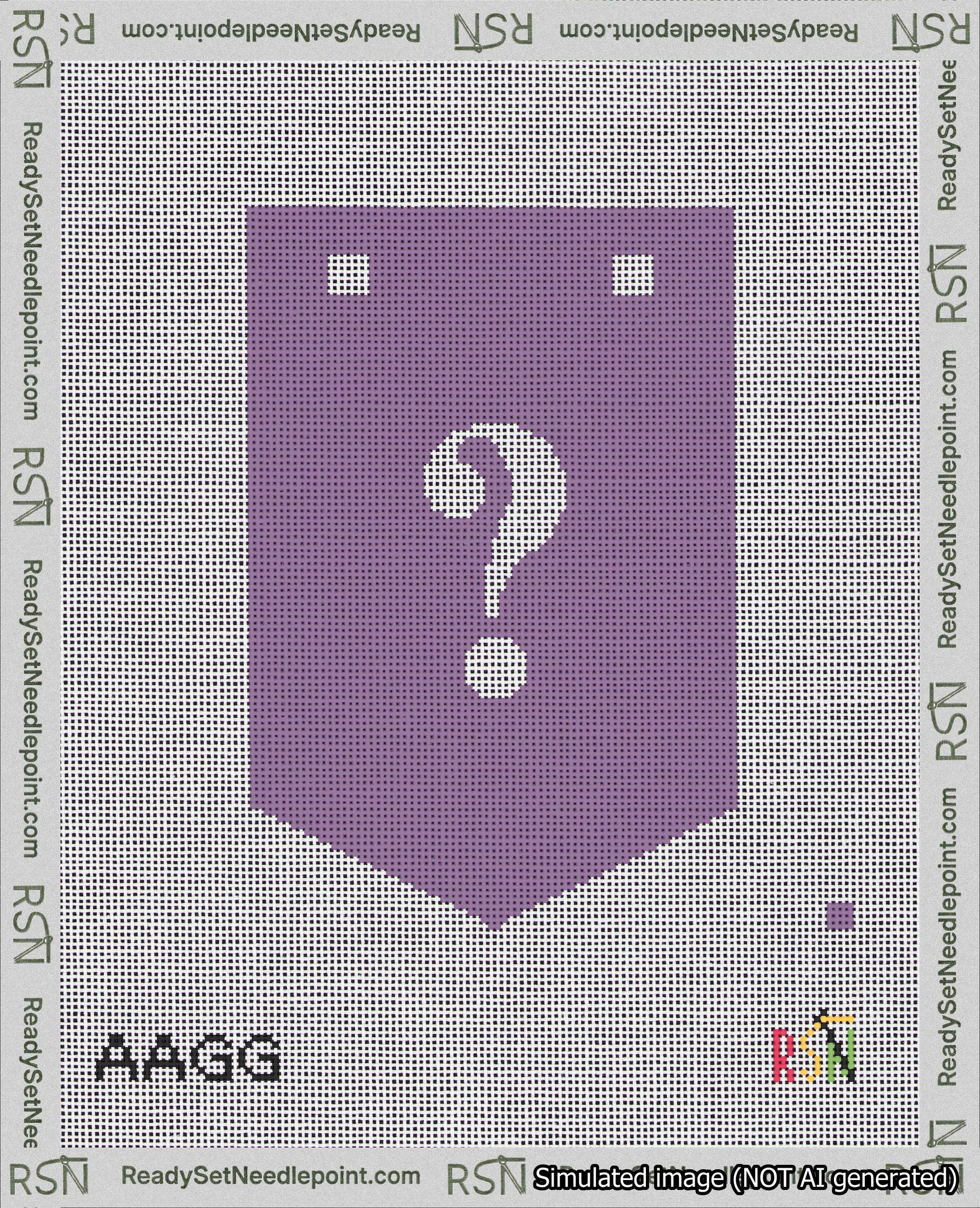 A taped needlepoint canvas with the design: Banner 18 mesh count Pointed Question White on Purple.