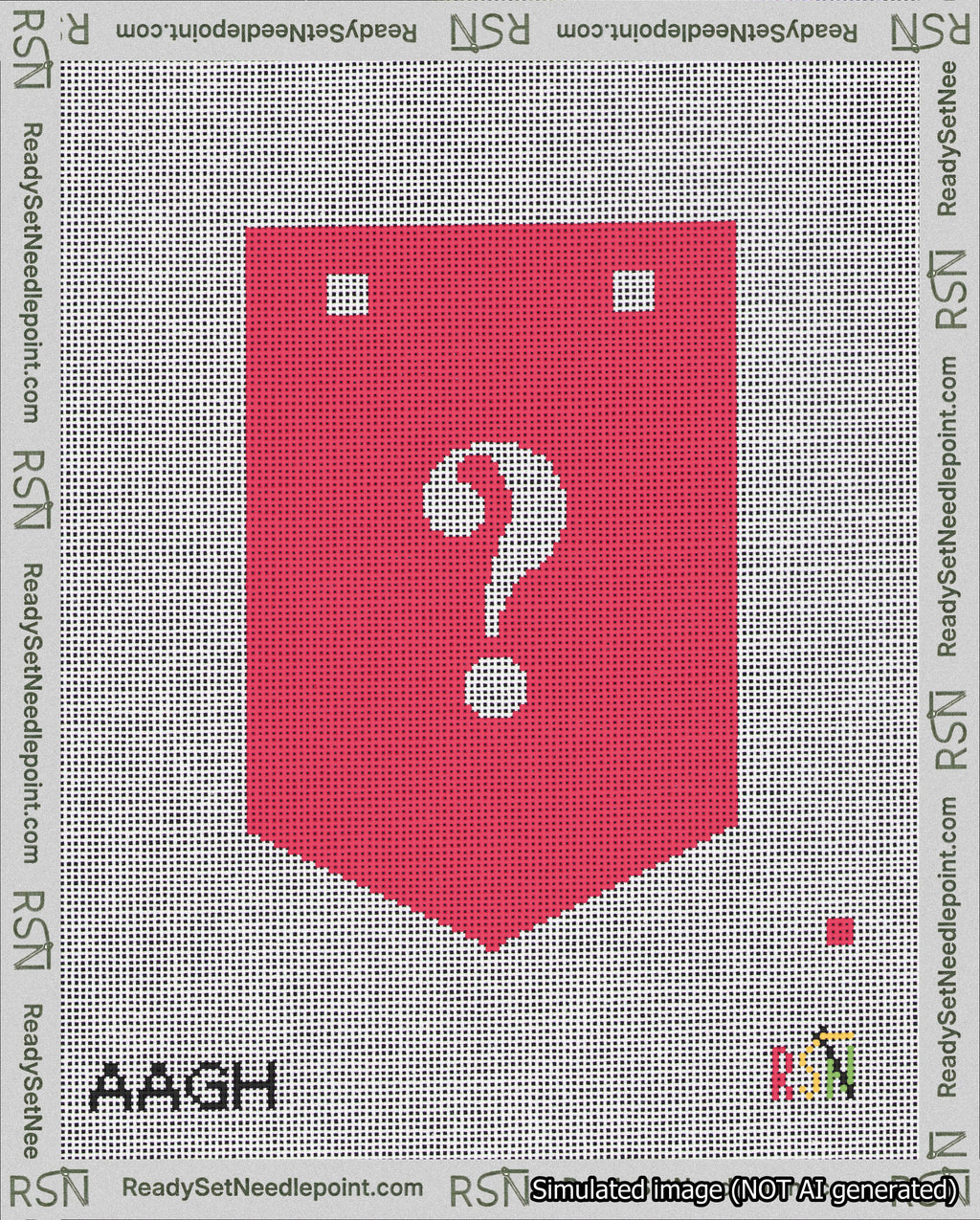 A taped needlepoint canvas with the design: Banner 18 mesh count Pointed Question White on Red.
