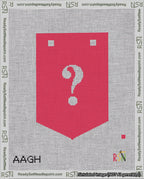 A taped needlepoint canvas with the design: Banner 18 mesh count Pointed Question White on Red.