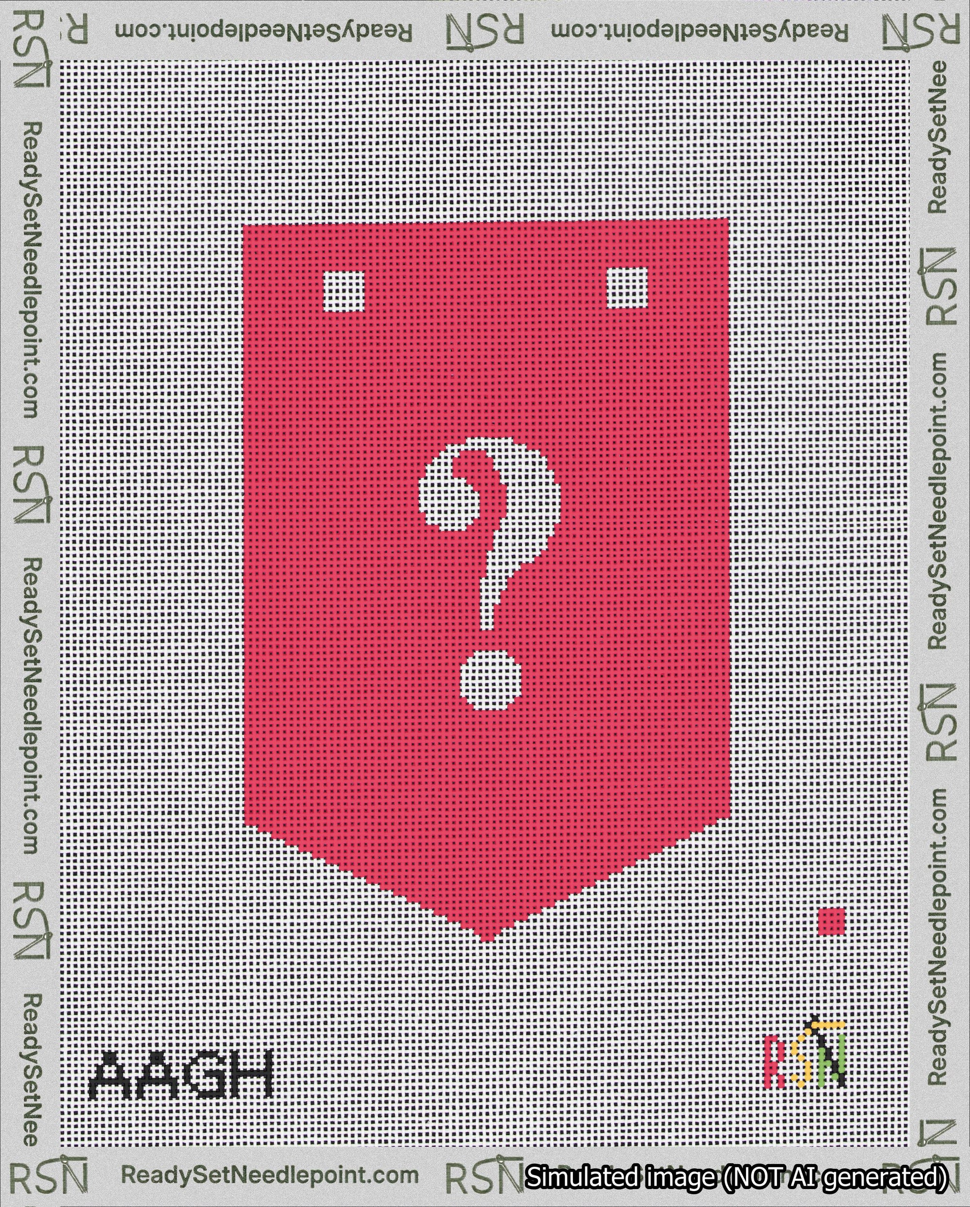 A taped needlepoint canvas with the design: Banner 18 mesh count Pointed Question White on Red.