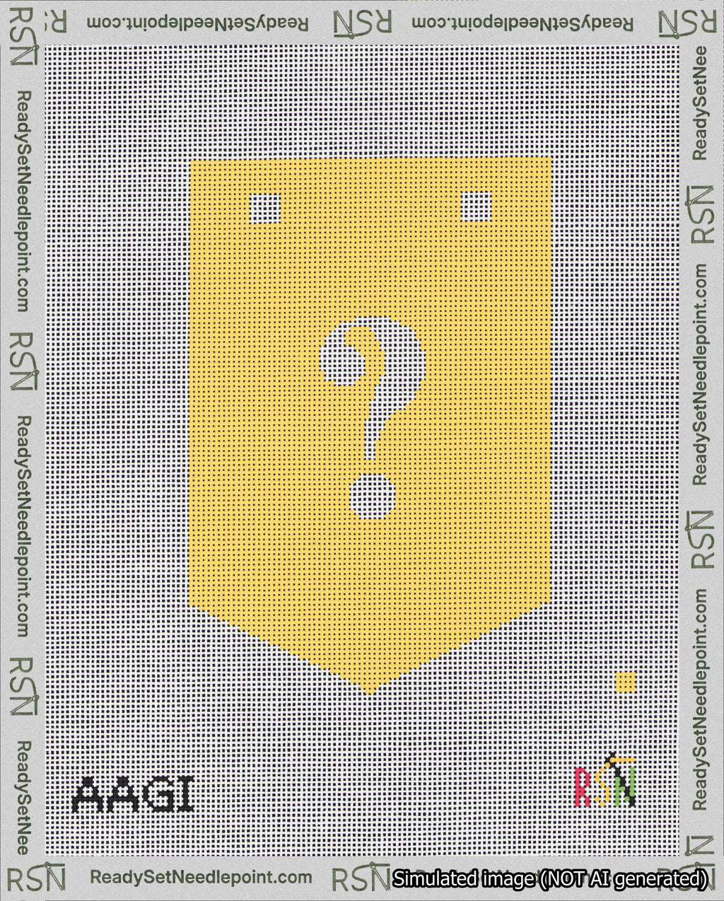 A taped needlepoint canvas with the design: Banner 18 mesh count Pointed Question White on Yellow.