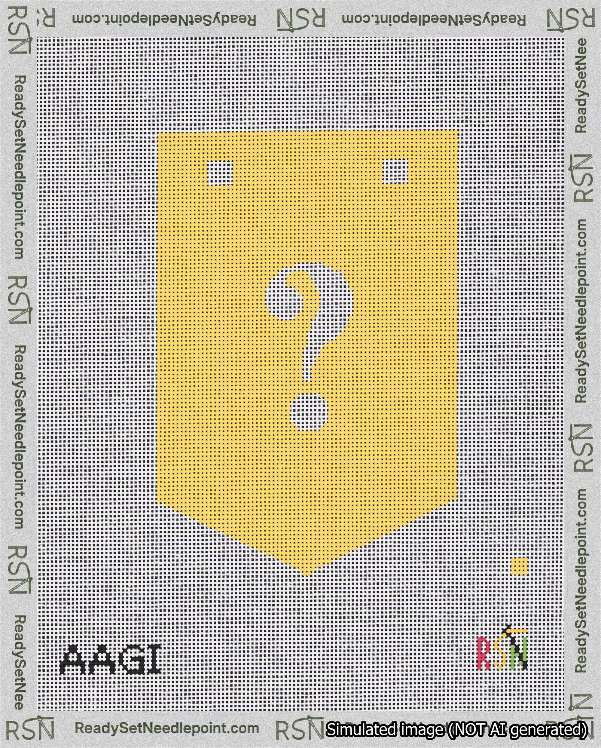 A taped needlepoint canvas with the design: Banner 18 mesh count Pointed Question White on Yellow.