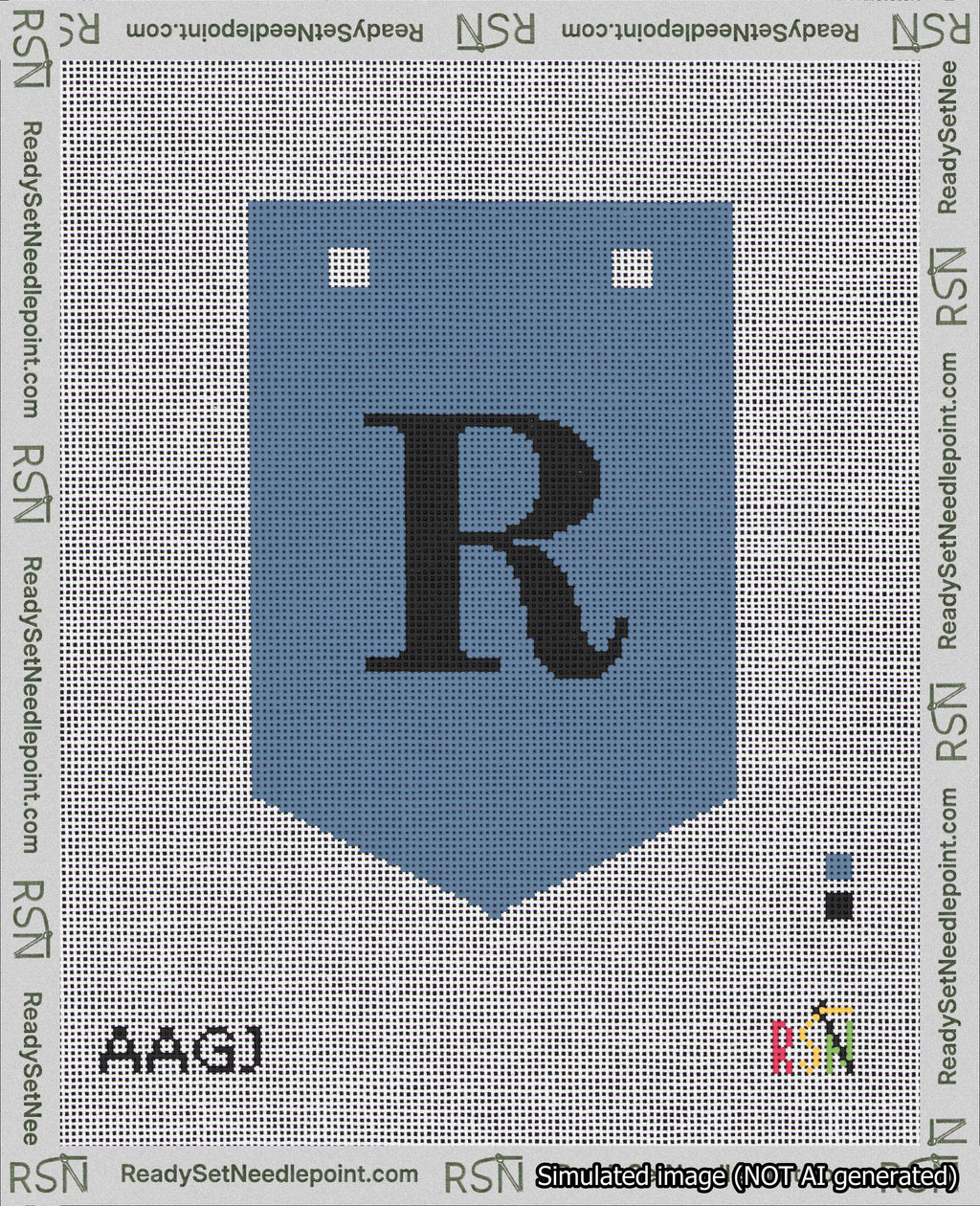 A taped needlepoint canvas with the design: Banner 18 mesh count Pointed R Black on Blue.