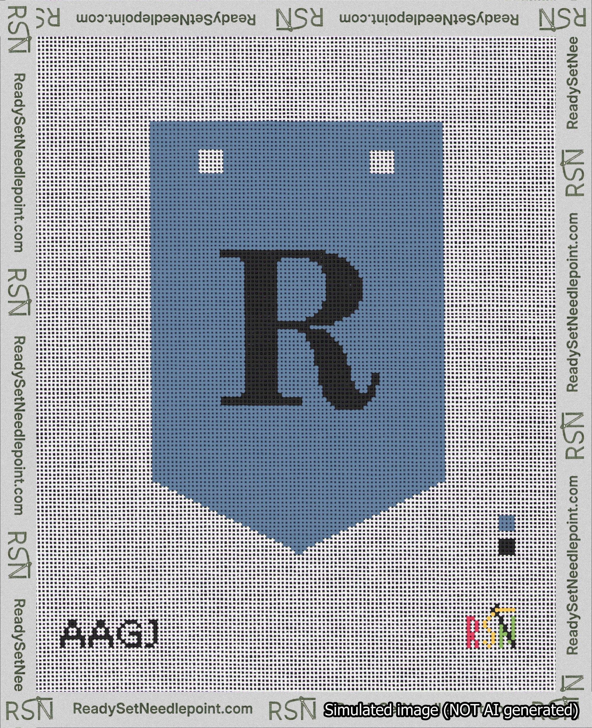A taped needlepoint canvas with the design: Banner 18 mesh count Pointed R Black on Blue.