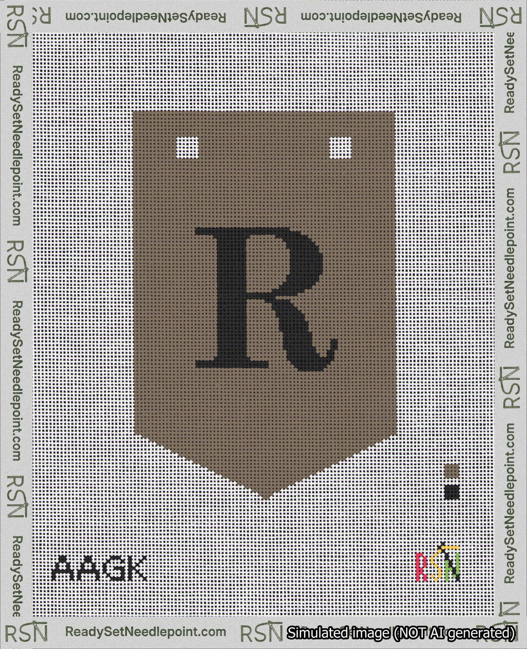 A taped needlepoint canvas with the design: Banner 18 mesh count Pointed R Black on Brown.