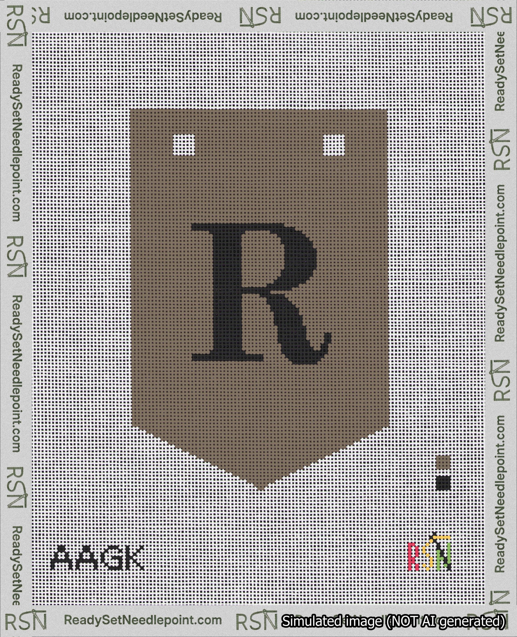 A taped needlepoint canvas with the design: Banner 18 mesh count Pointed R Black on Brown.